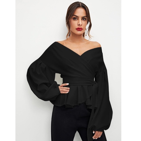 Bishop Sleeve Belt Ties Wrap Peplum Top Black V-Neck - Picture 7 of 13